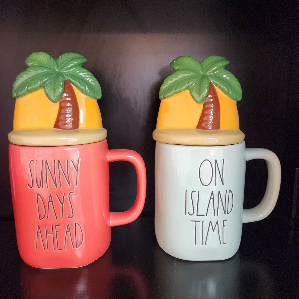 Rae Dunn Coffee Mugs w/ Palm Tree Toppers (Both)